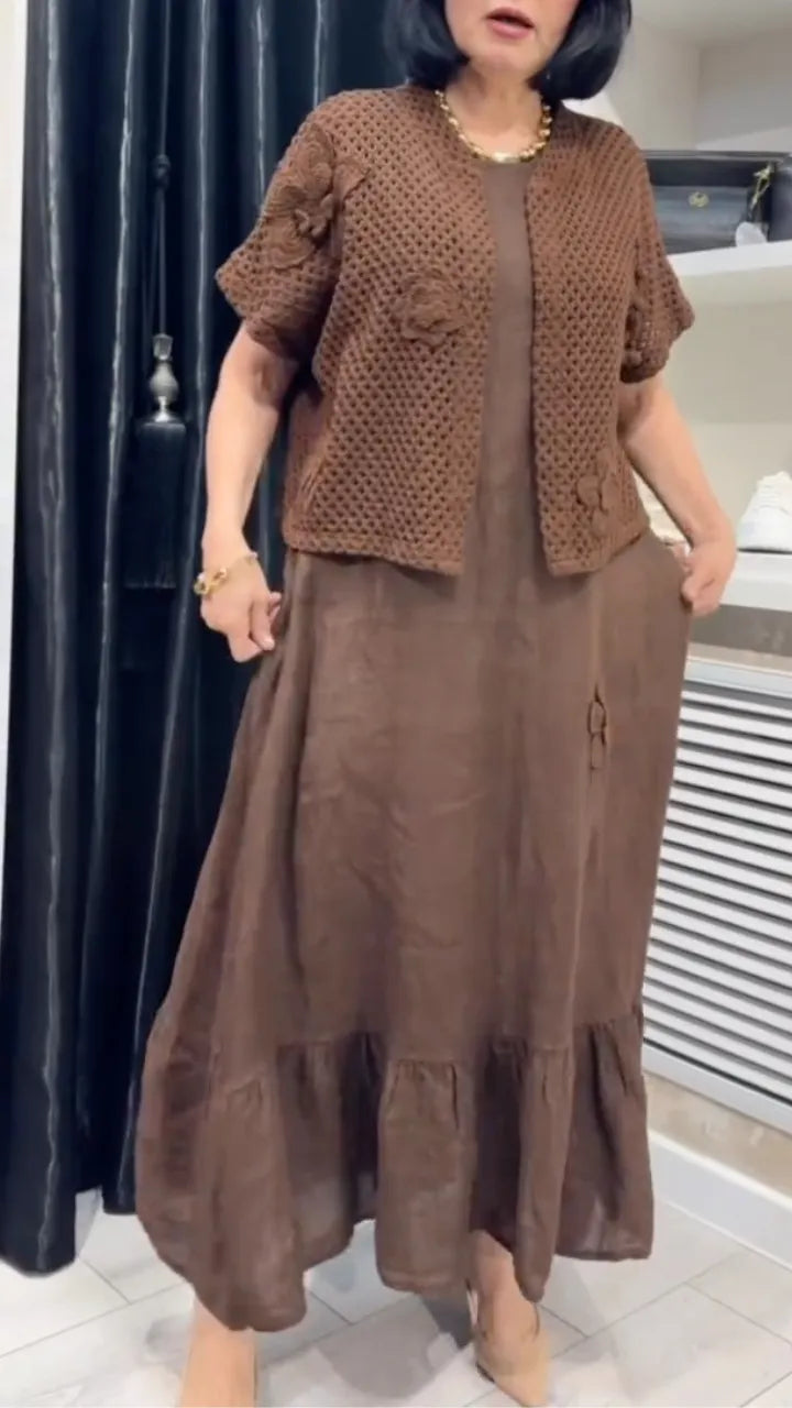 Brown Linen Maxi Dress & Crochet Cardigan Set