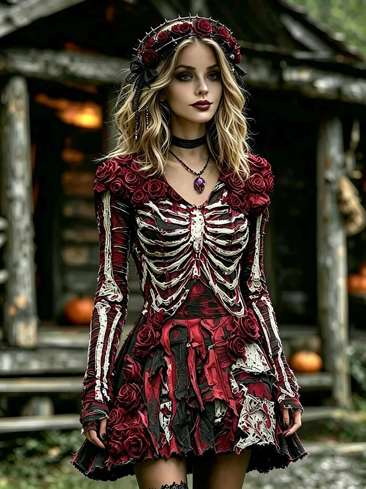 Halloween Gothic 3d Rose Dark Grunge Skeleton Distressed Mini Dress