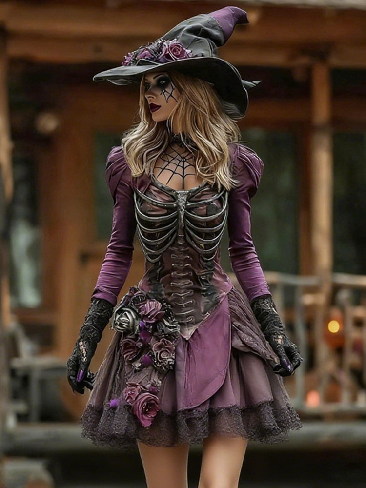 Vintage Witch Skull Rib Cage Rose Pattern Midi Dress