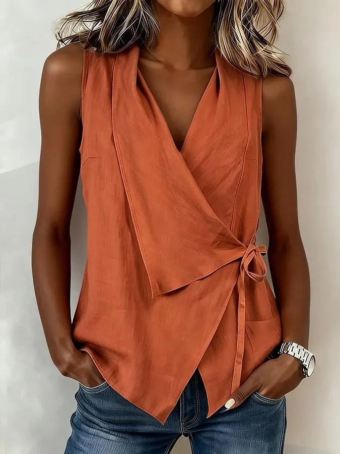Casual Sleeveless Collared Linen-cotton Shirt