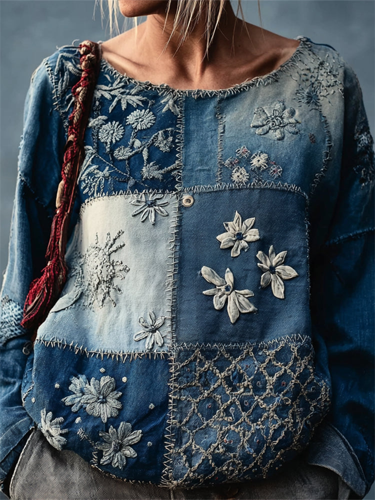 Japanese Floral Sashiko Inspired Patchwork Linen Tunic