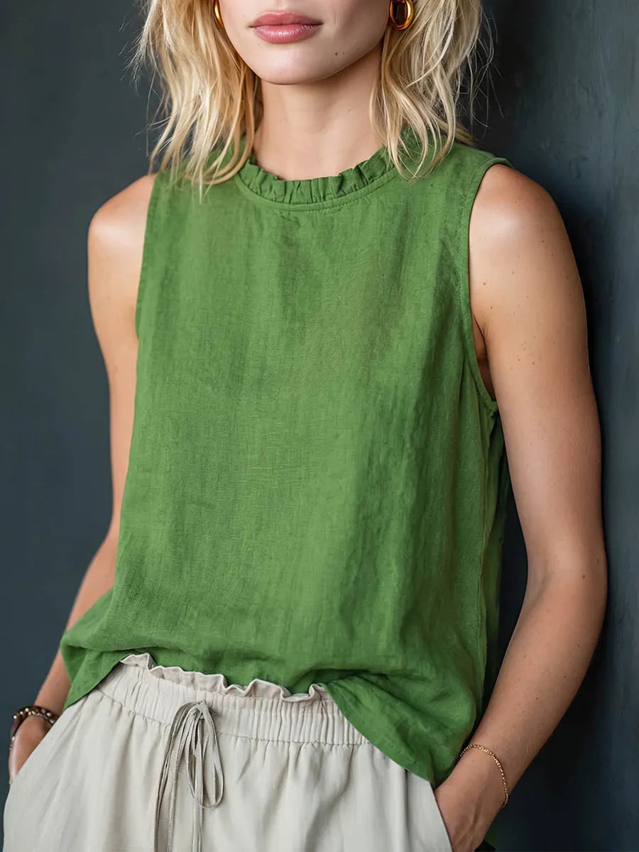 Women's Solid-color Sleeveless Cotton-linen Top With Lettuce-edge Crew Neck (loose Fit)