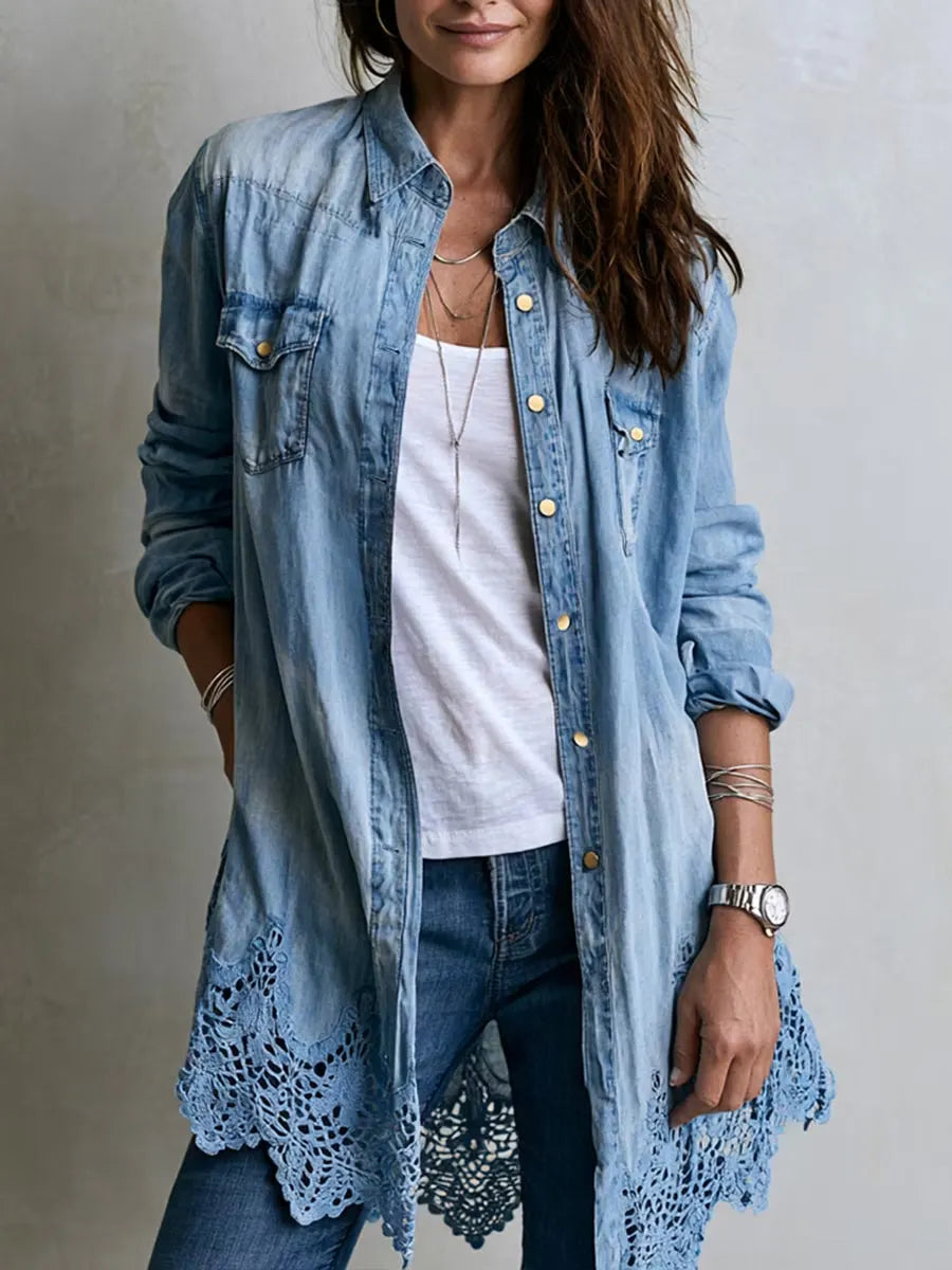 Women's Longline Lace-Trim Denim Shirt