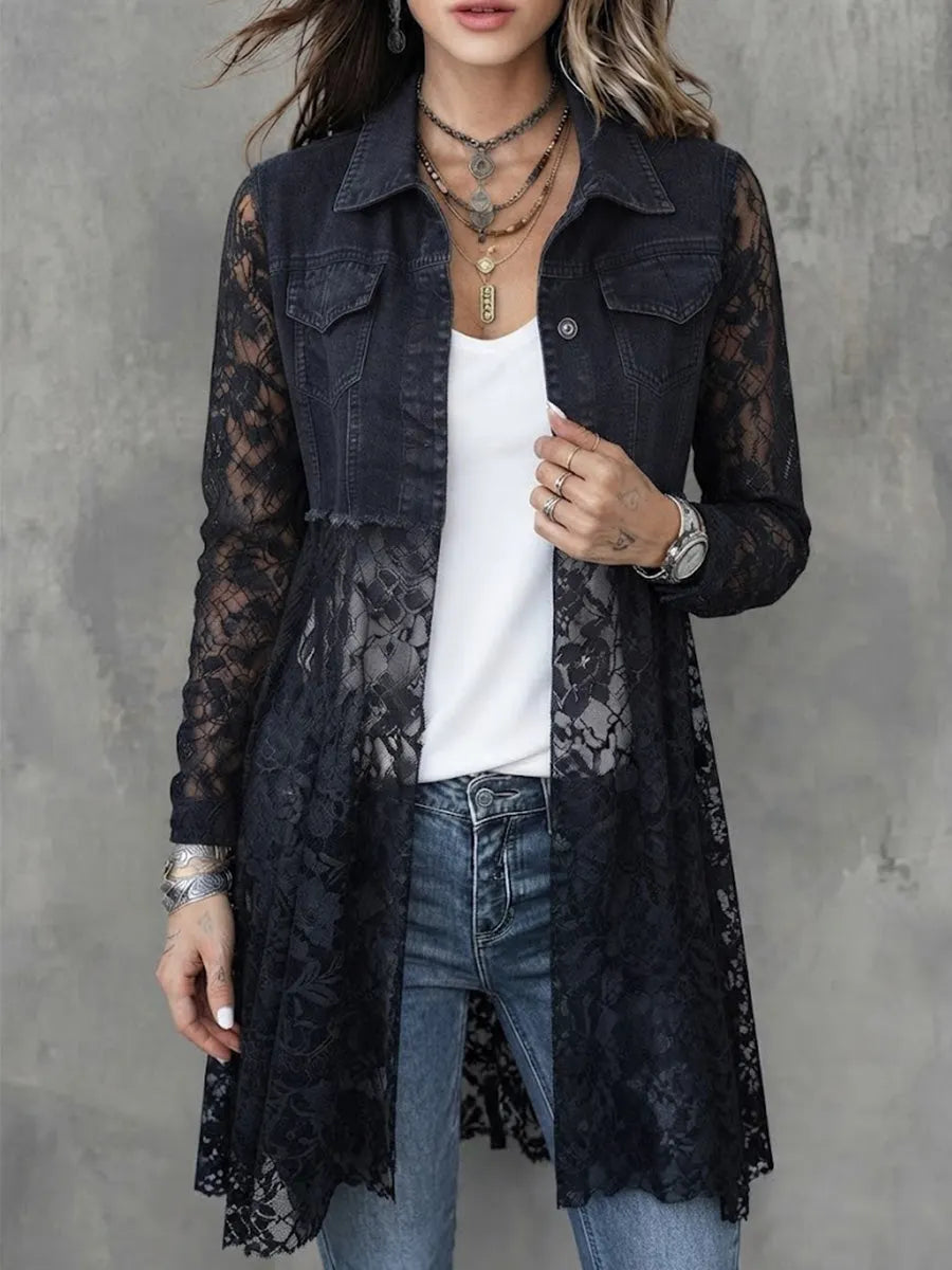 Washed Denim Lapel Dual Chest Pocket Long Sleeve Splice Hollow Lace Mid-length Cardigan Coat