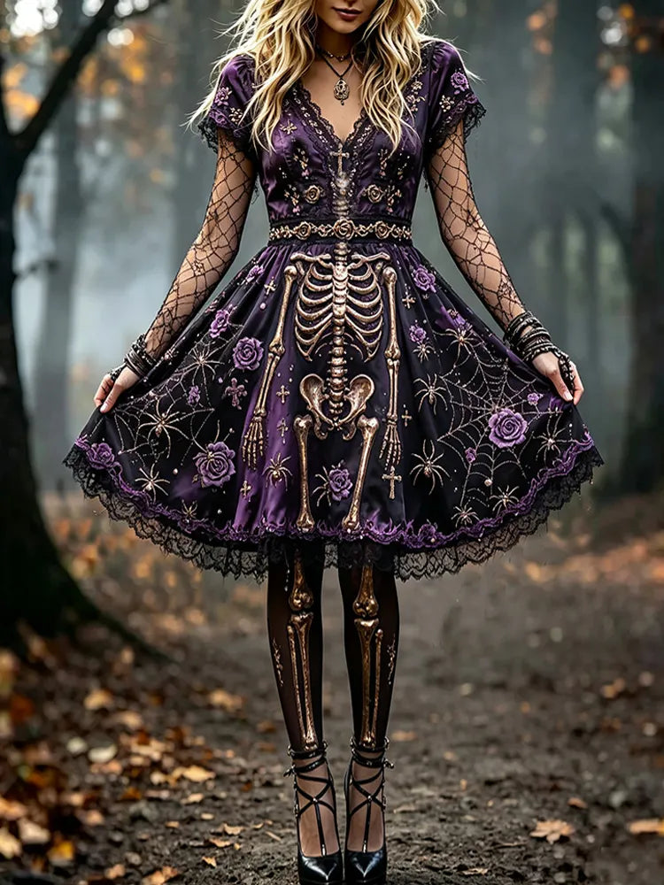 Women's Halloween Skull And Spider Lace Art Distressed V-neck Short Sleeve Mini Dress