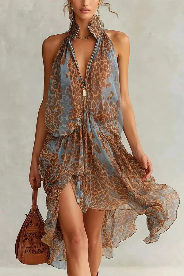 Women's Leopard Zip-Front High-Low Halter Dress