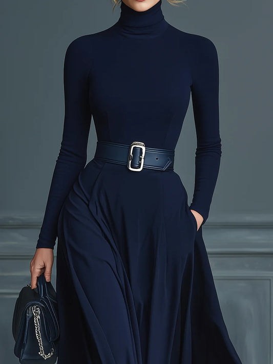 Dark Blue Knitted High-neck Dress(No belt)