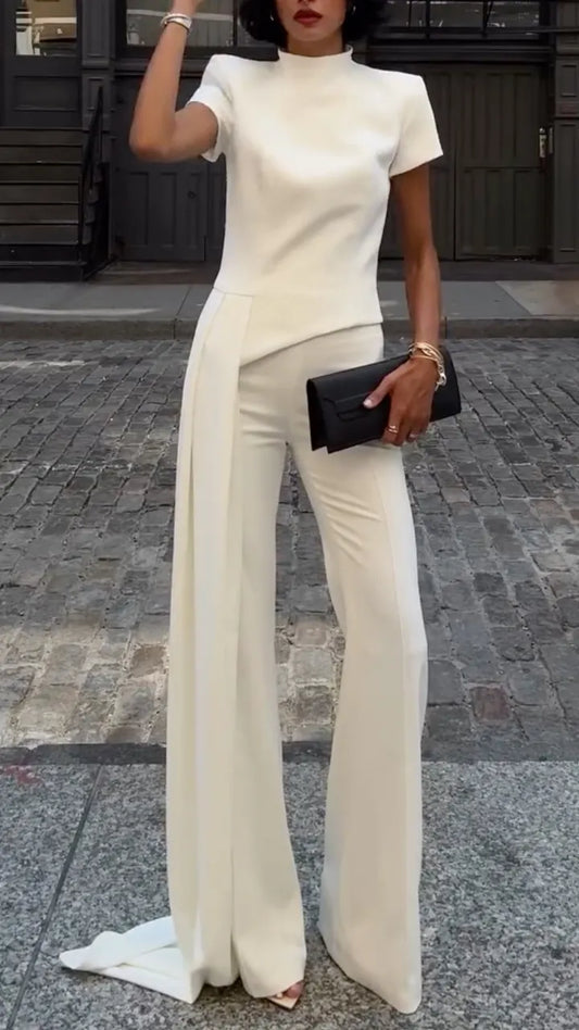 White High-Neck Cape Detail Suit Set