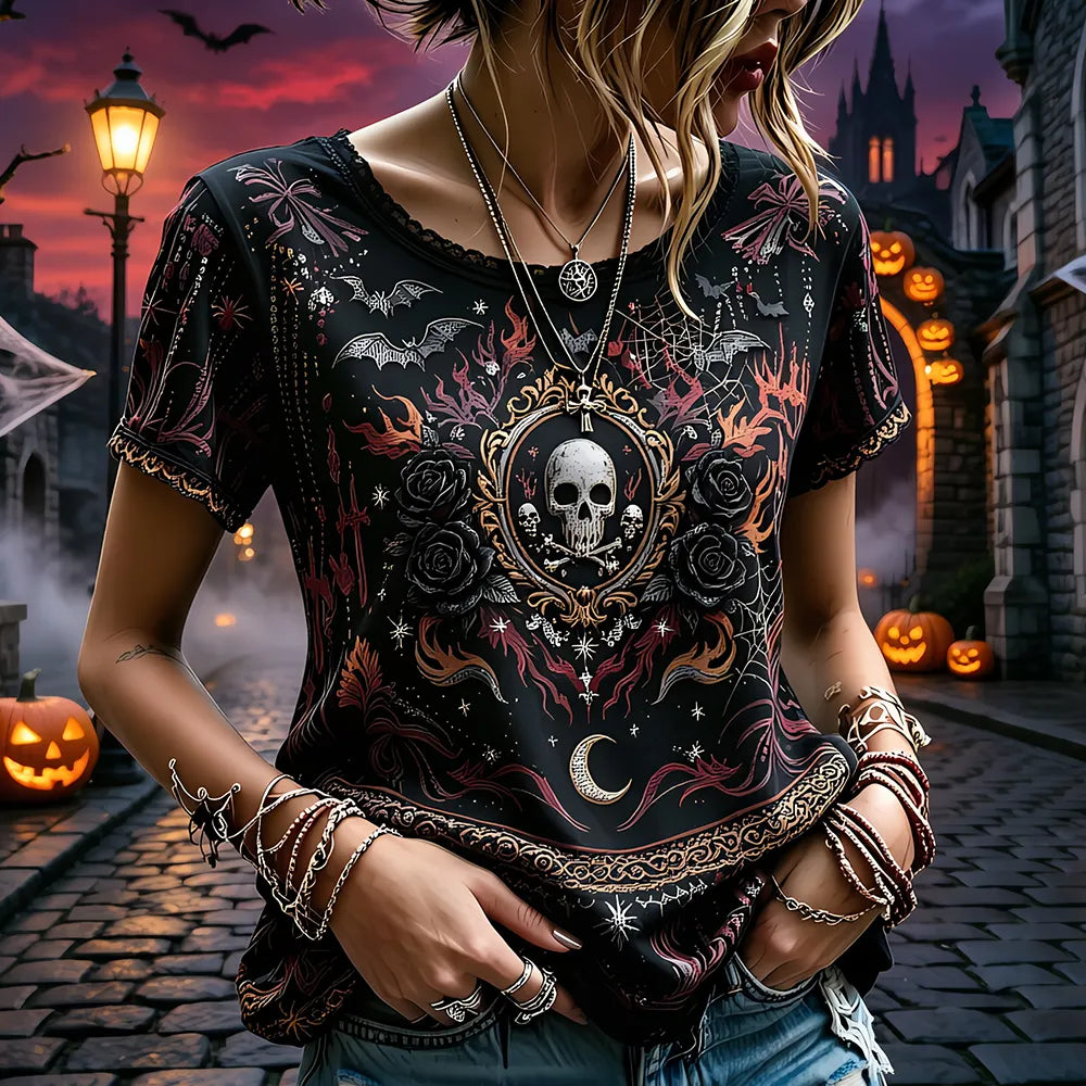 Women's Gothic Skull And Roses Graphic Short Sleeve T-shirt