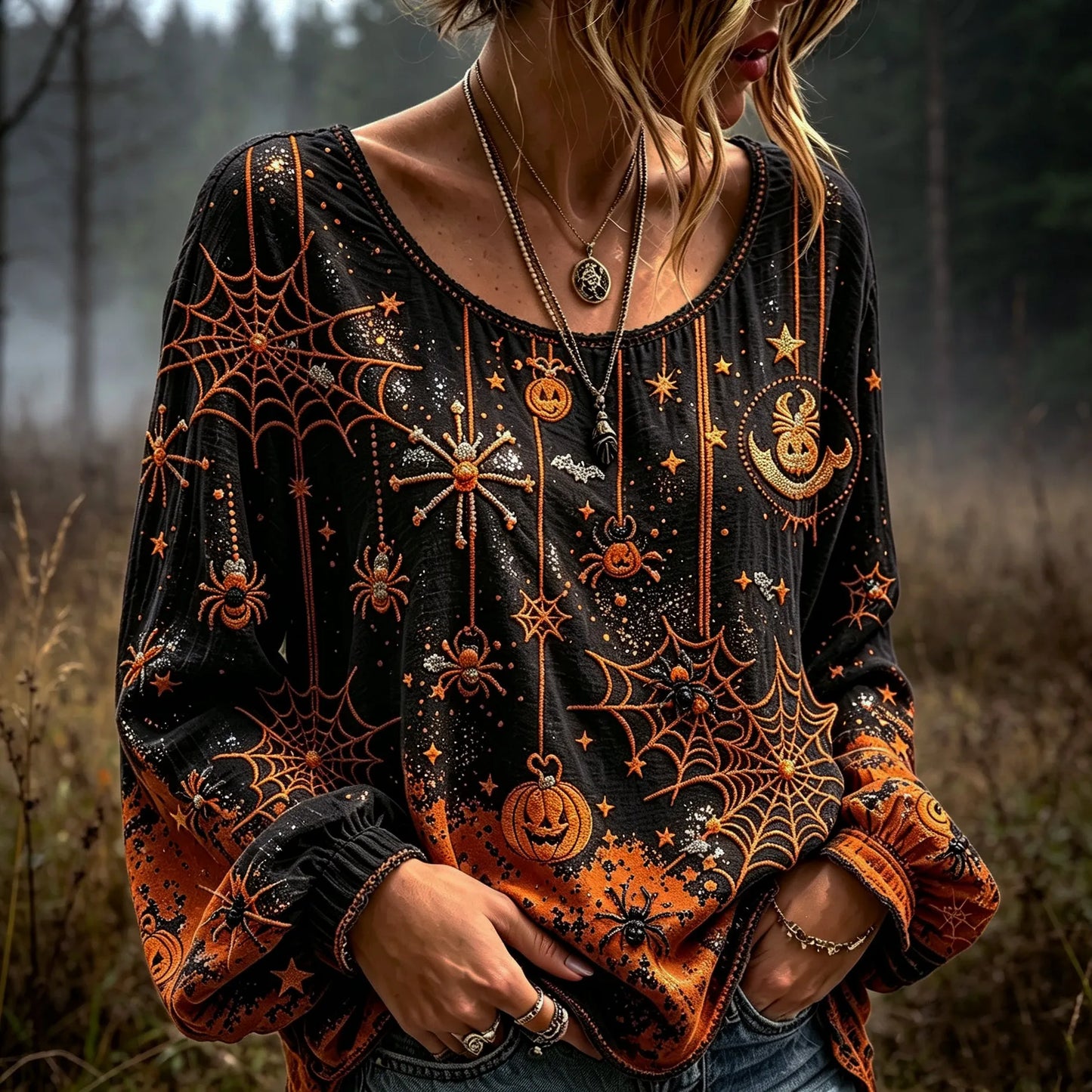 Women's Halloween-themed Spiderweb And Pumpkin Embroidered Print Top