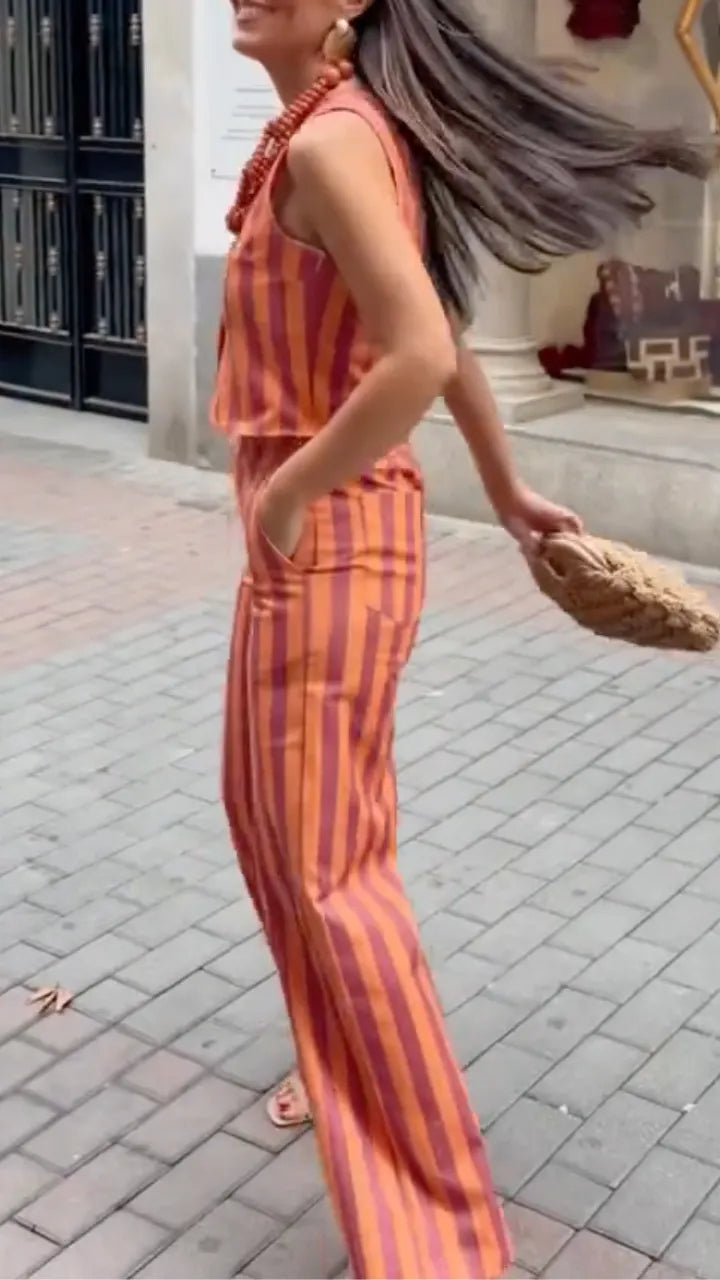 Women's Cotton-Linen Striped Set: Sleeveless Top + Trousers