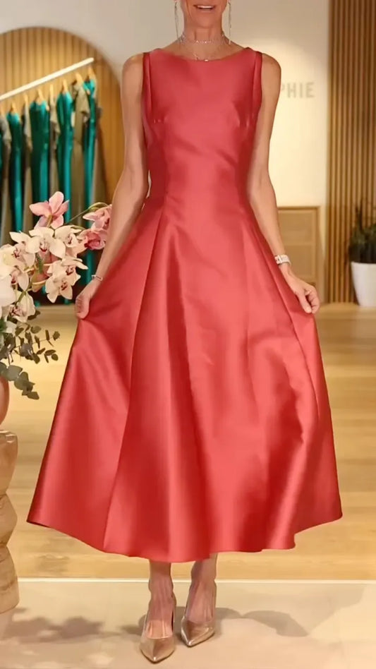 Coral Sleeveless Satin Midi Swing Dress
