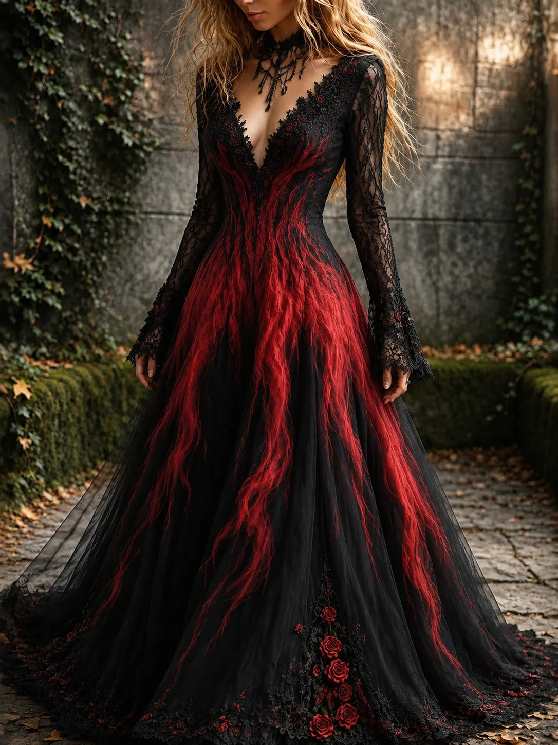Women's Retro Gothic Gradient Pattern V Neck Maxi Halloween Dress