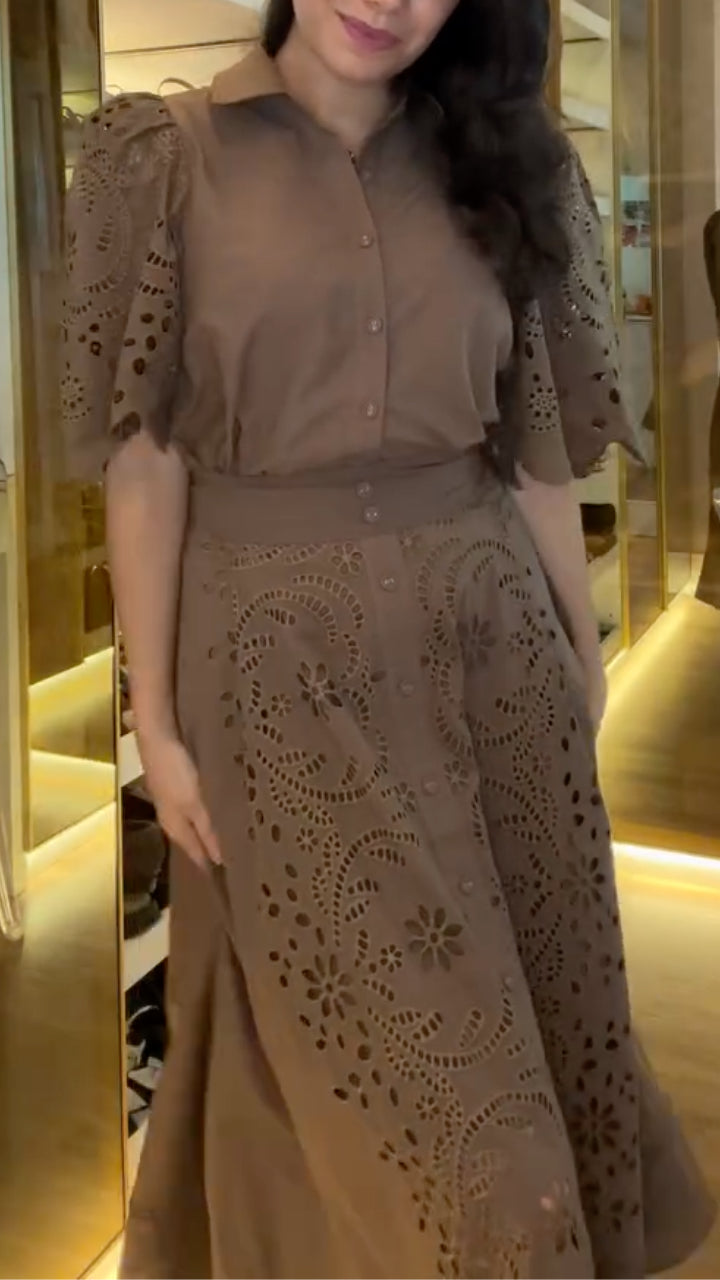 Brown Cutout Shirt & Skirt Set