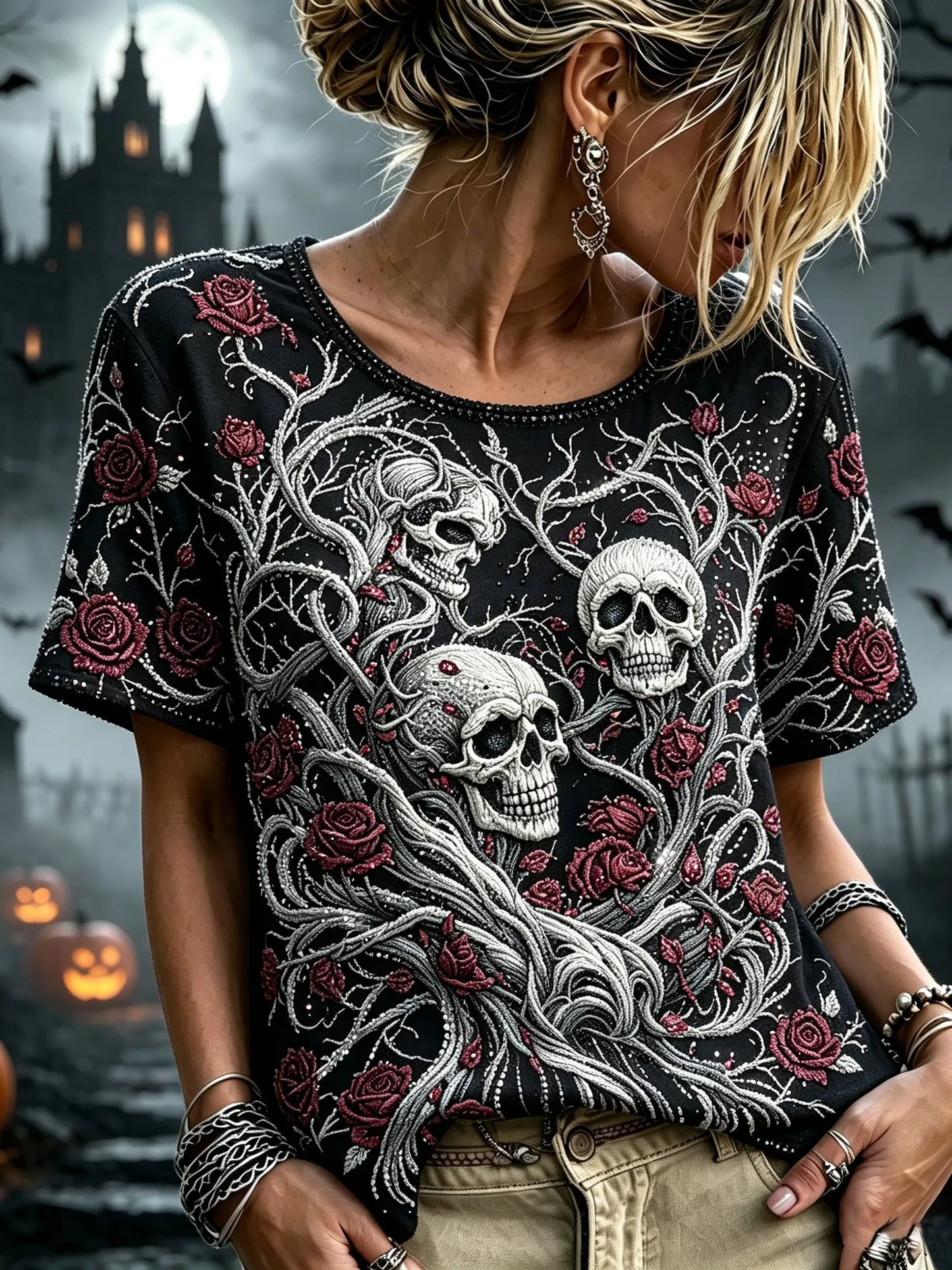 Women's Retro Halloween Skull Floral Art Casual Crew Neck Short Sleeve T-shirt