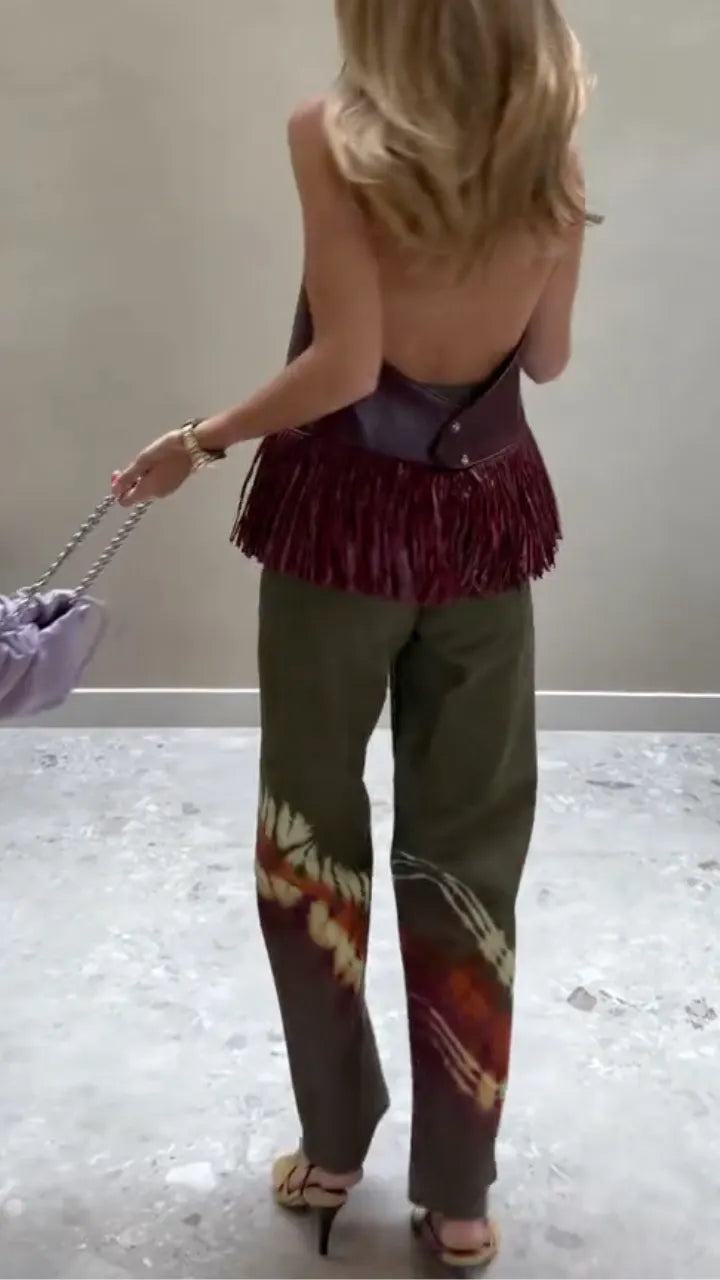 Maroon Leather Fringe Halter Top & Tie-Dye Pants
