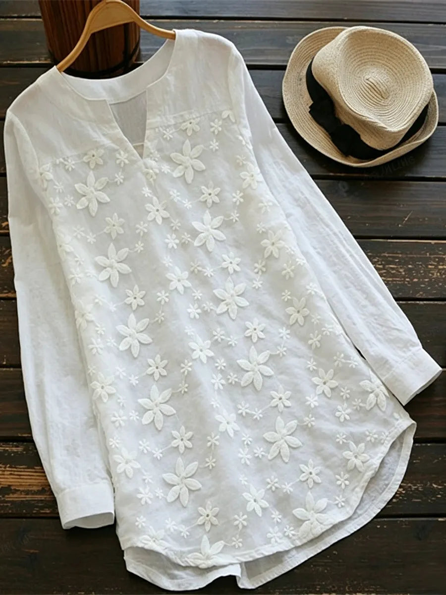Loose-fit Long-sleeve Cotton Shirt With Lace Embroidery