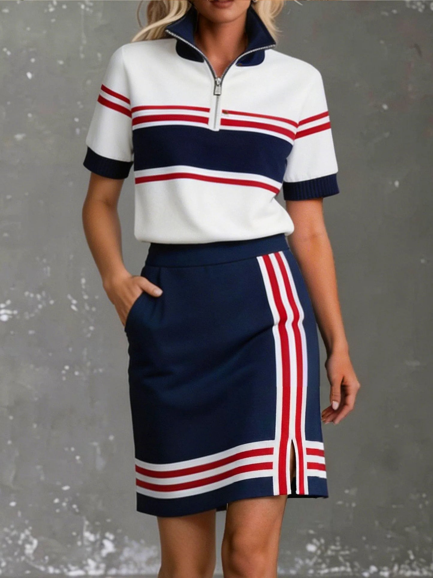 Womens Quarter Zip Striped Short Sleeve Top & Pocket Skirt Sporty Two Piece Set