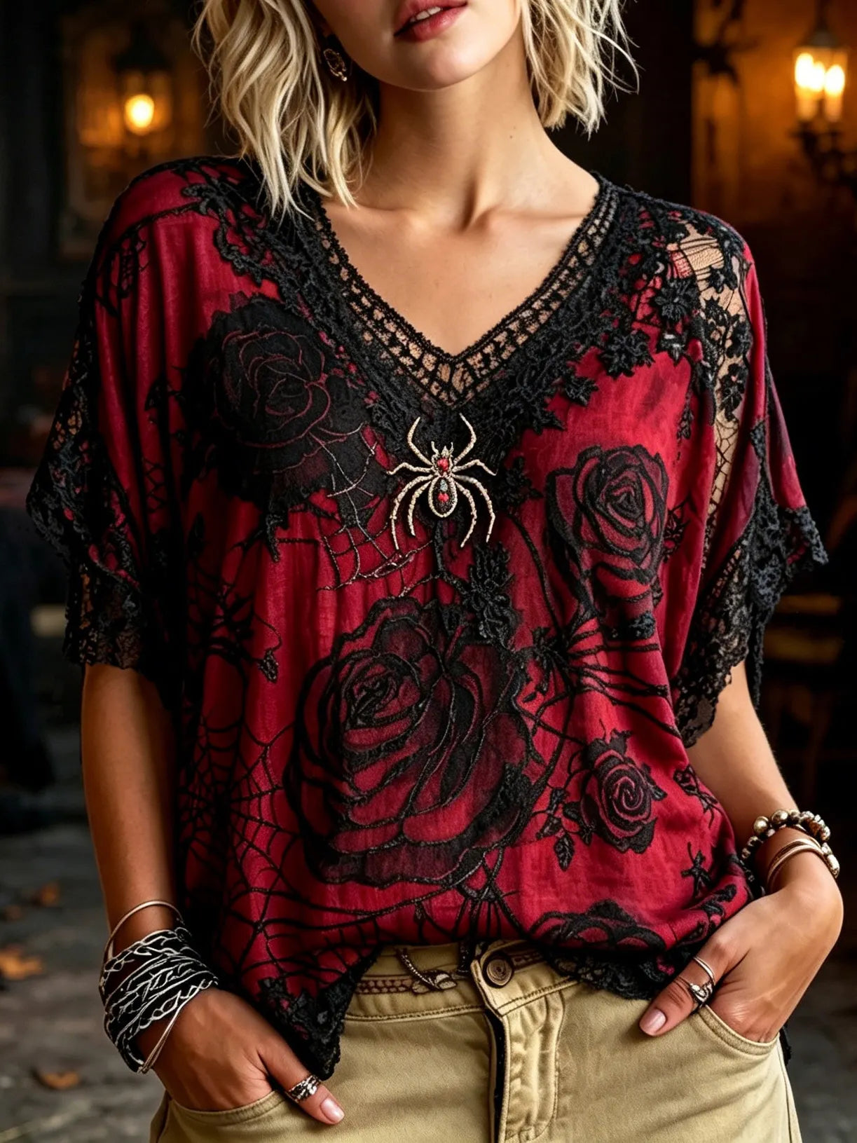 Women's Retro Halloween Spider And Floral Embroidered Short-sleeve V-neck T-shirt