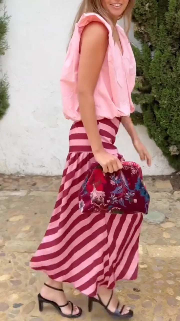 Pink V-Neck Puff Sleeve Top & Striped Midi Skirt Set