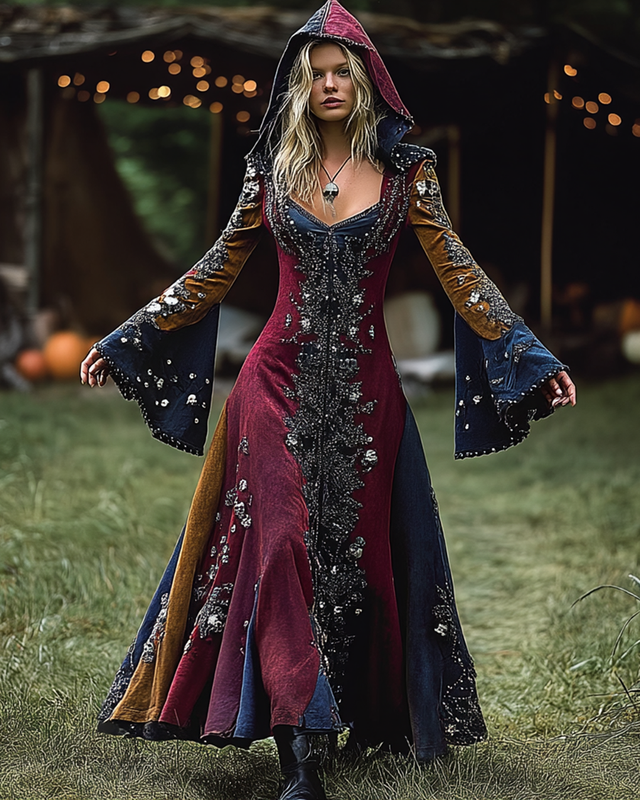 Halloween themed contrasting embroidered hooded dress 3a93