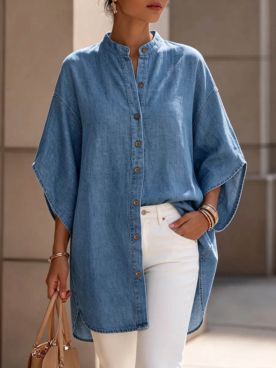 Artfully Tailored Lightweight Denim Batwing-sleeve Shirt