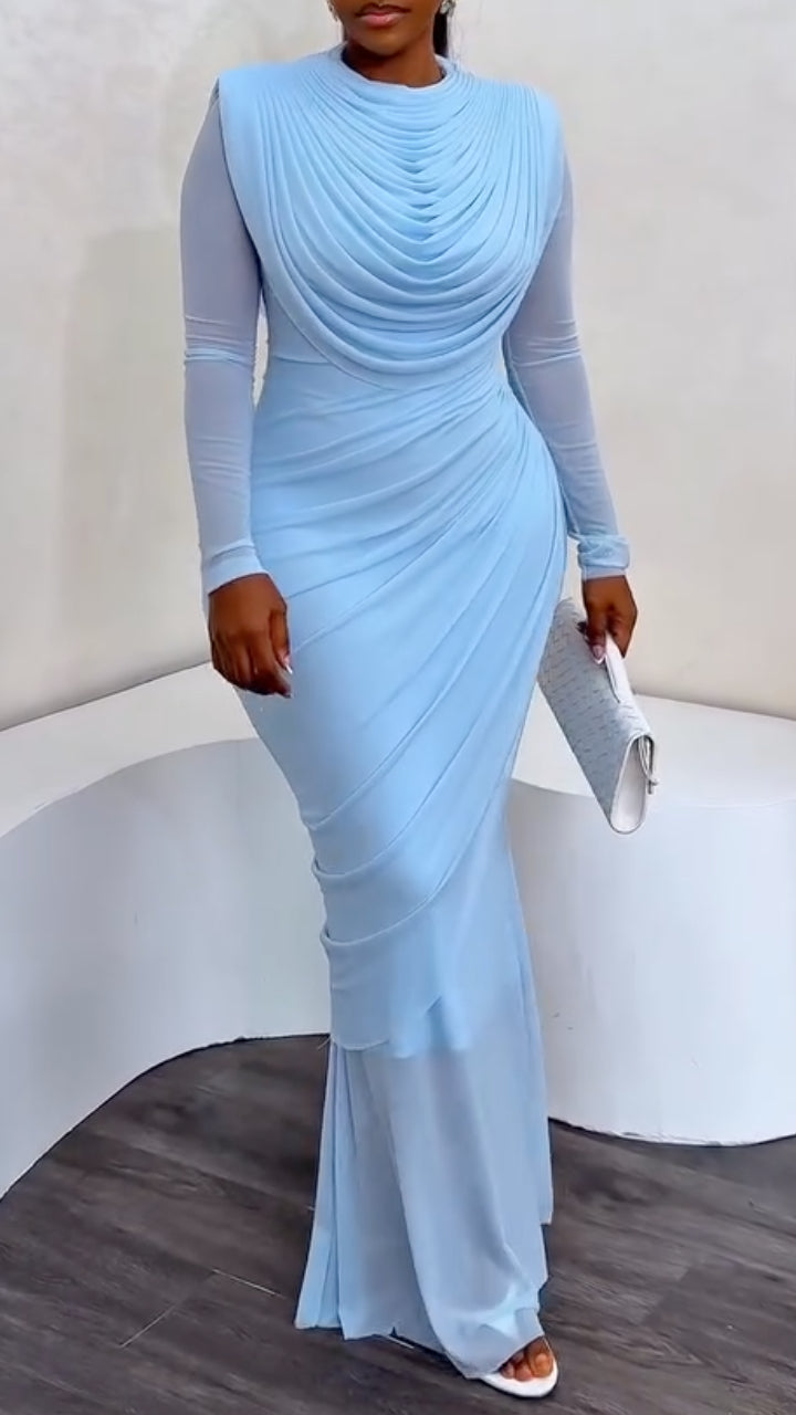 Draped Mesh Sleeve Formal Maxi Dress