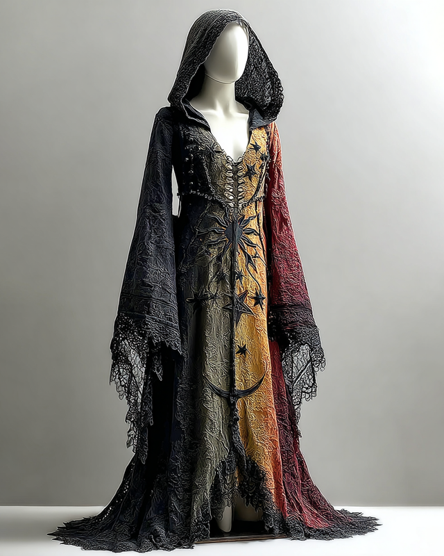 Halloween Themed Contrasting Star And Moon Embroidered Lace Hooded Dress 1737