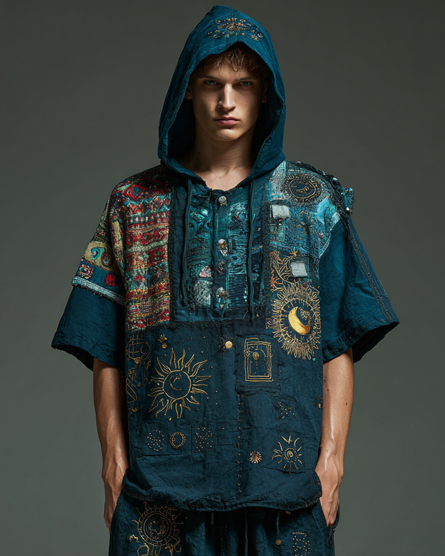 Men's star and moon embroidered short-sleeved top 318f