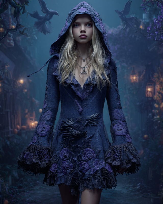 Halloween Crow Floral Embroidered Lace Paneled Knitted Hooded Dress 6683