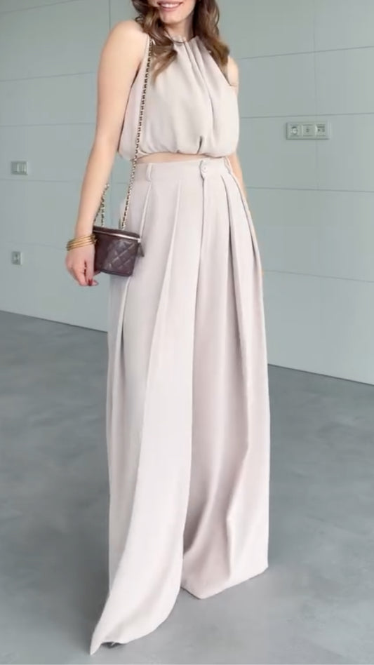 Beige Halter Neck Crop Top & Pleated Wide Leg Pants Set