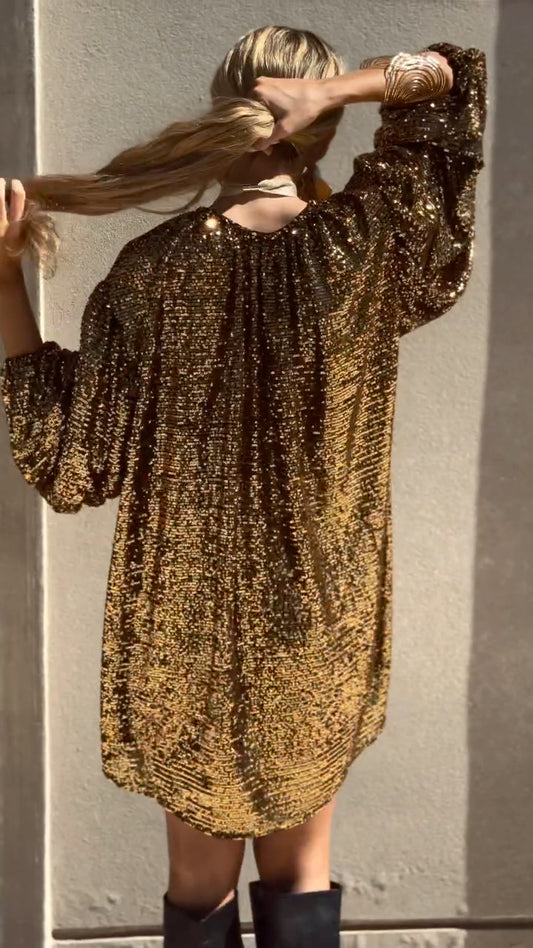 Gold V-Neck Sequined Party Dress