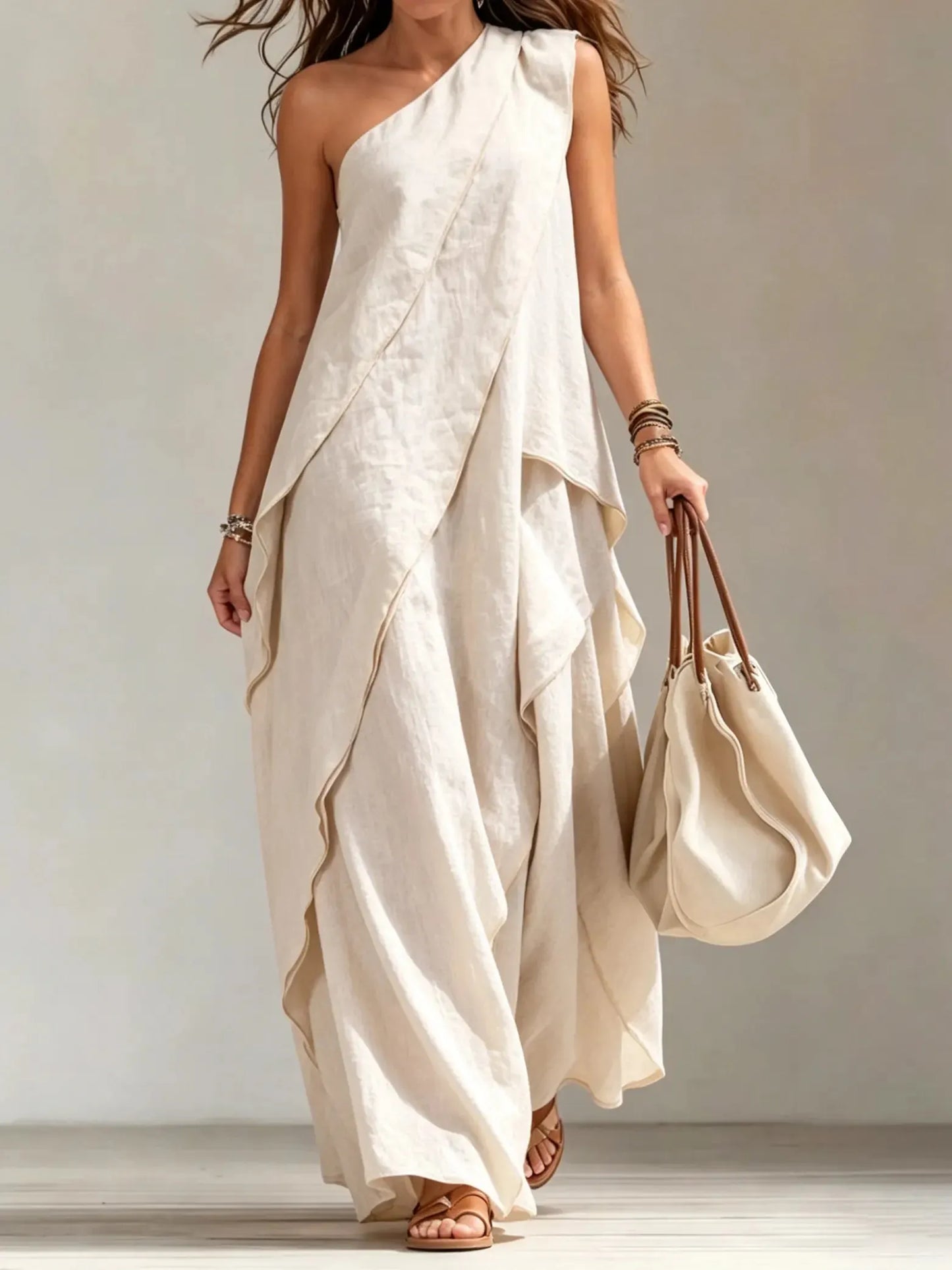 Women's One-Shoulder Draped Linen-Blend Maxi Dress