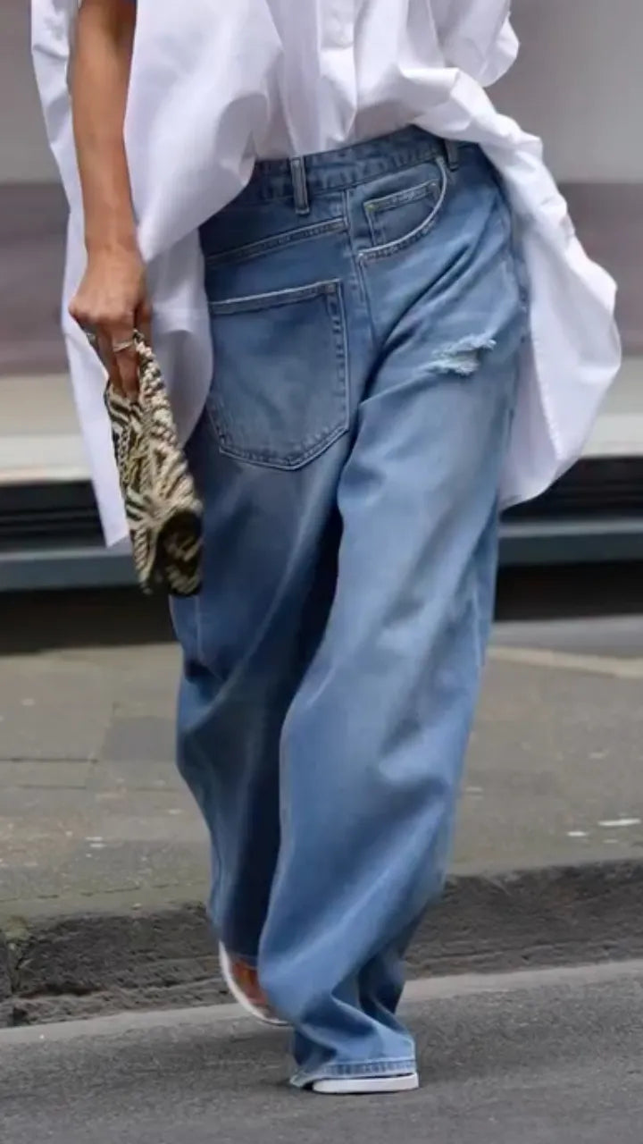 Oversized Shirt & Distressed Wide Leg Jeans