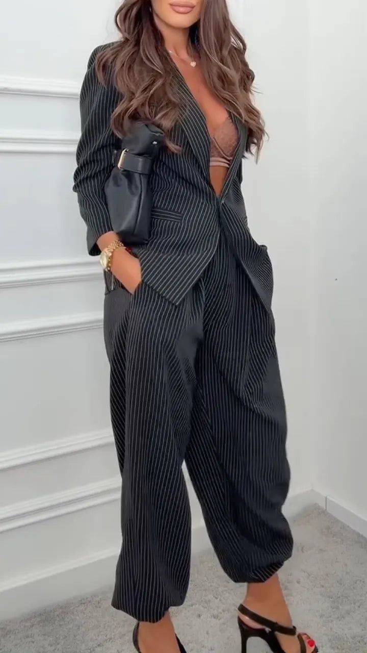 Black Pinstripe Blazer and Pants Set