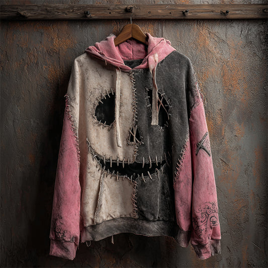 Halloween Pumpkin Face Contrast Stitched Washed Hoodie