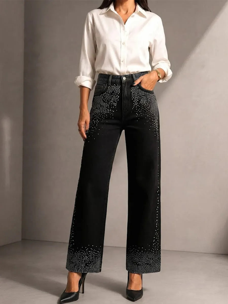 Loose-fit Straight-leg Stretch Denim Trousers With Rhinestone Embellishment
