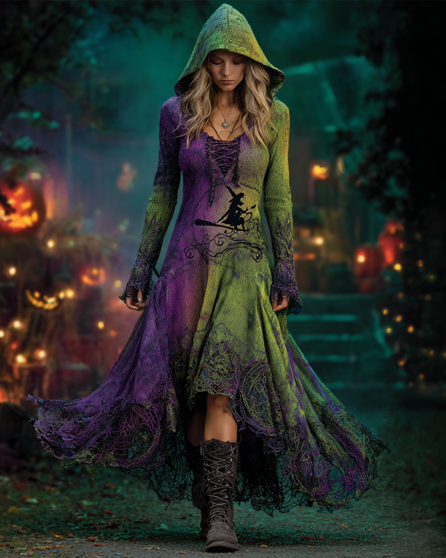 Halloween Gradient Irregular Witch Embroidery Lace Splicing Knitted Hooded Dress a78c
