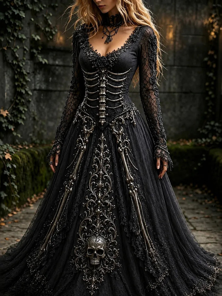 Women's Retro Gothic Skull Pattern Maxi Halloween Dress