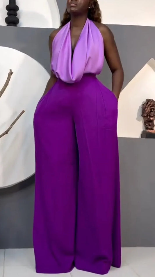Women's V-Neck Halter-Style Draped Satin Set