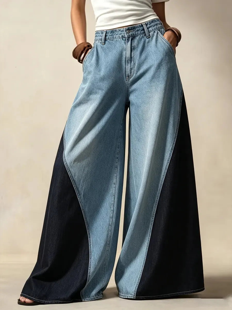 Contemporary Two-Tone Denim Wide-Leg Pants