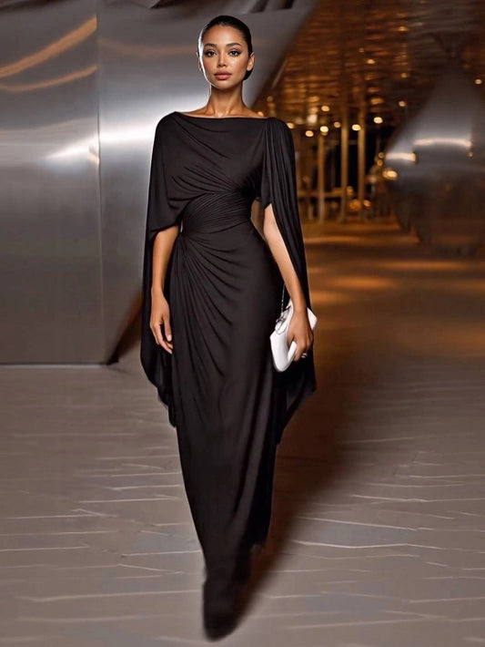 Draped Cape Sleeve Ruched Waist Bodycon Maxi Dress