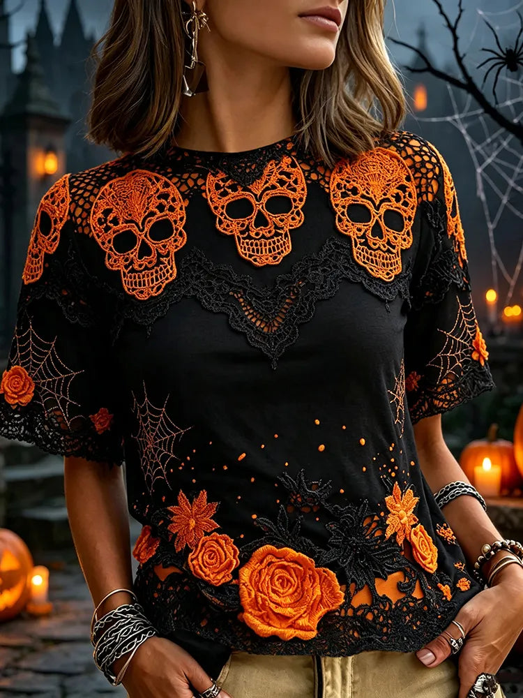 Women's Retro Halloween Skull And Floral Embroidery Casual Cotton Linen T-shirt