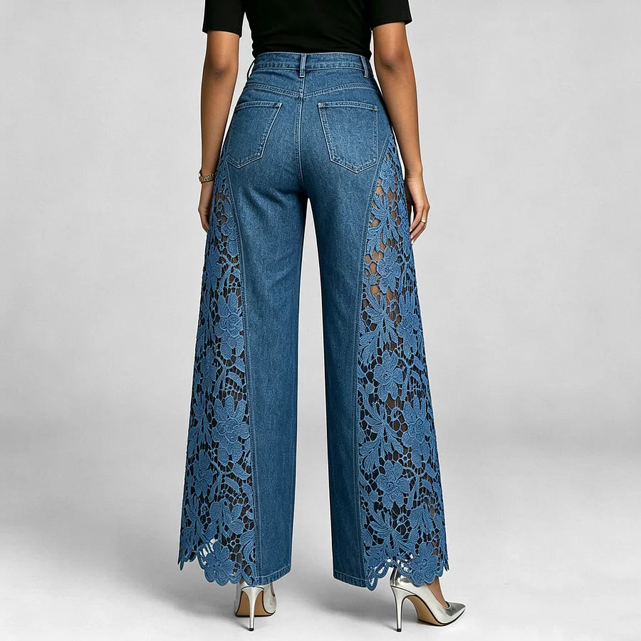 Dark Blue Lace Insert Wide Leg Jeans