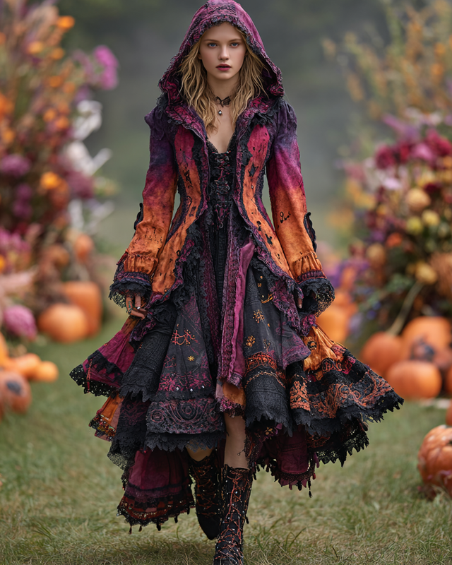 Halloween Themed Irregular Gradient Lace Patchwork Hooded Dress 8b4c