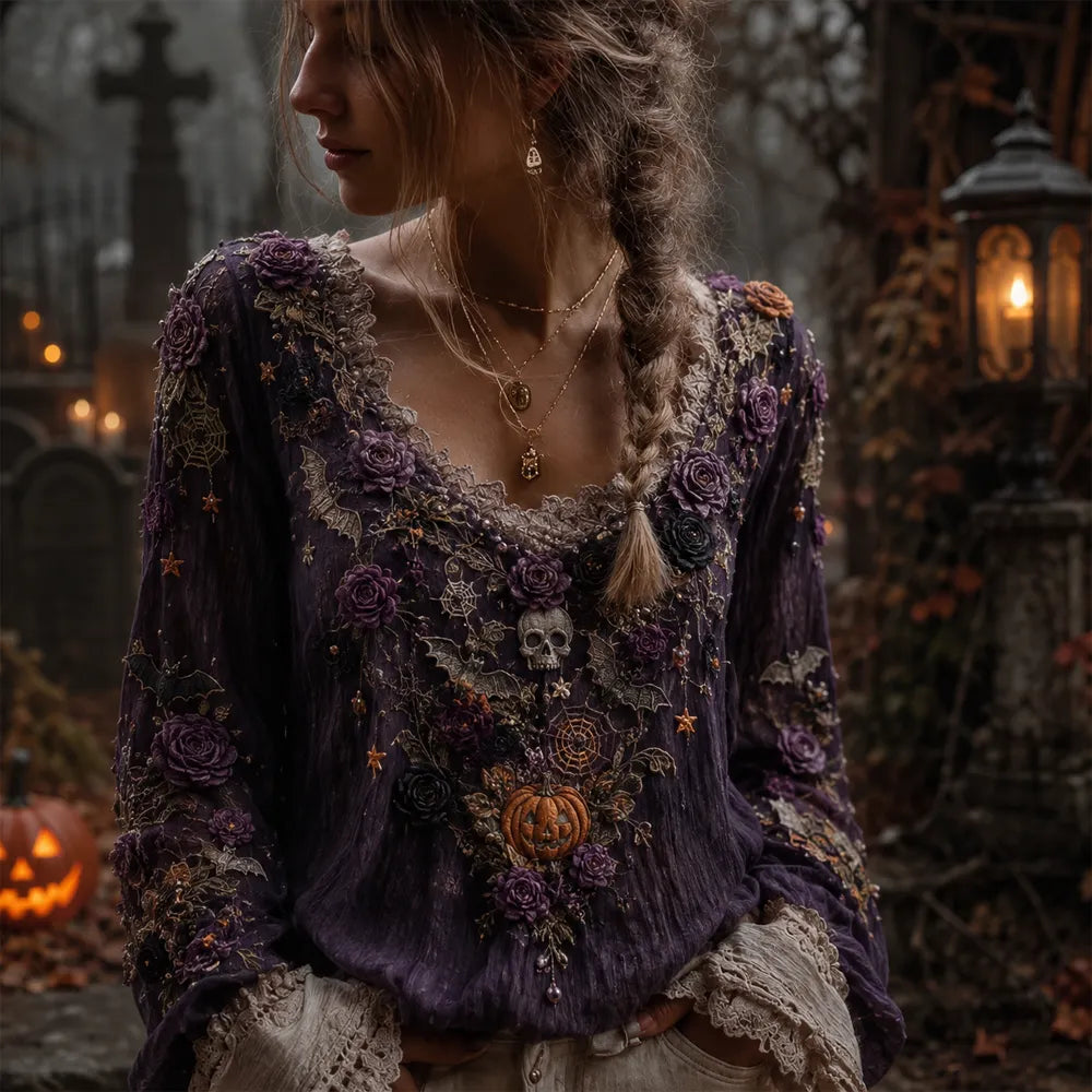 Women's Halloween Dark Gothic Skull, Pumpkin & Spiderweb Long-sleeve Top