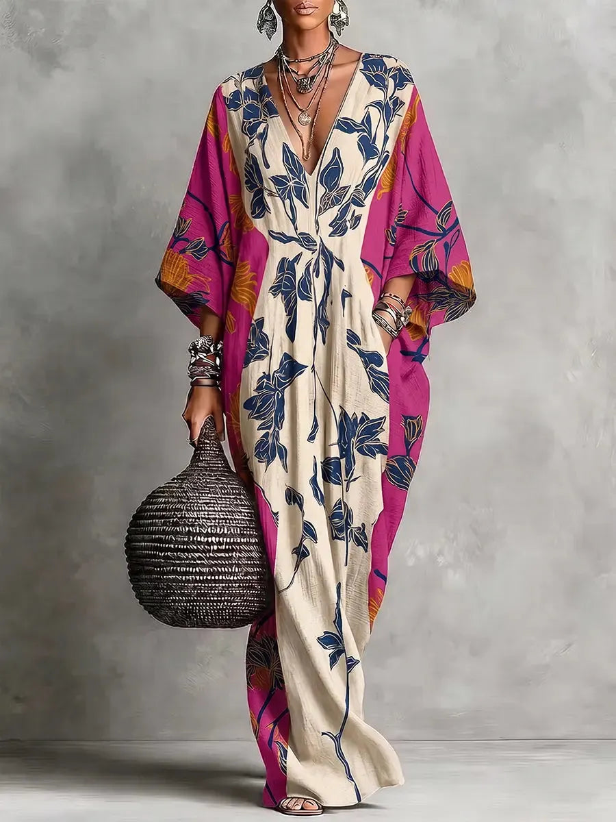 Vibrant Botanical Paneled V-Neck Maxi Kaftan