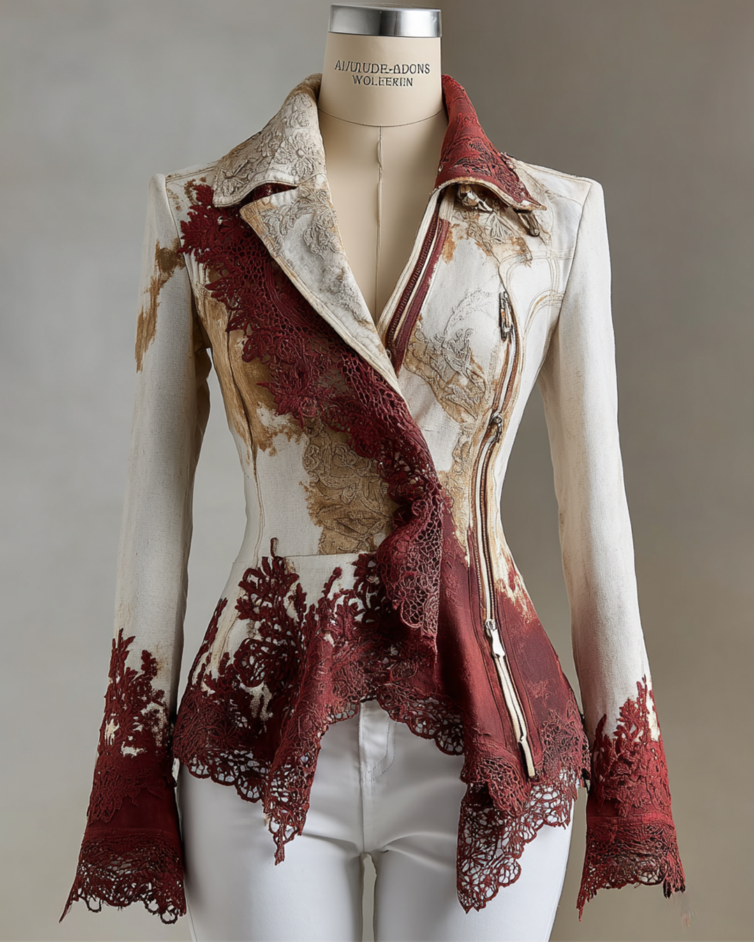 Women's Irregular Contrast Lace and Leather Patchwork Jacket 0e6b