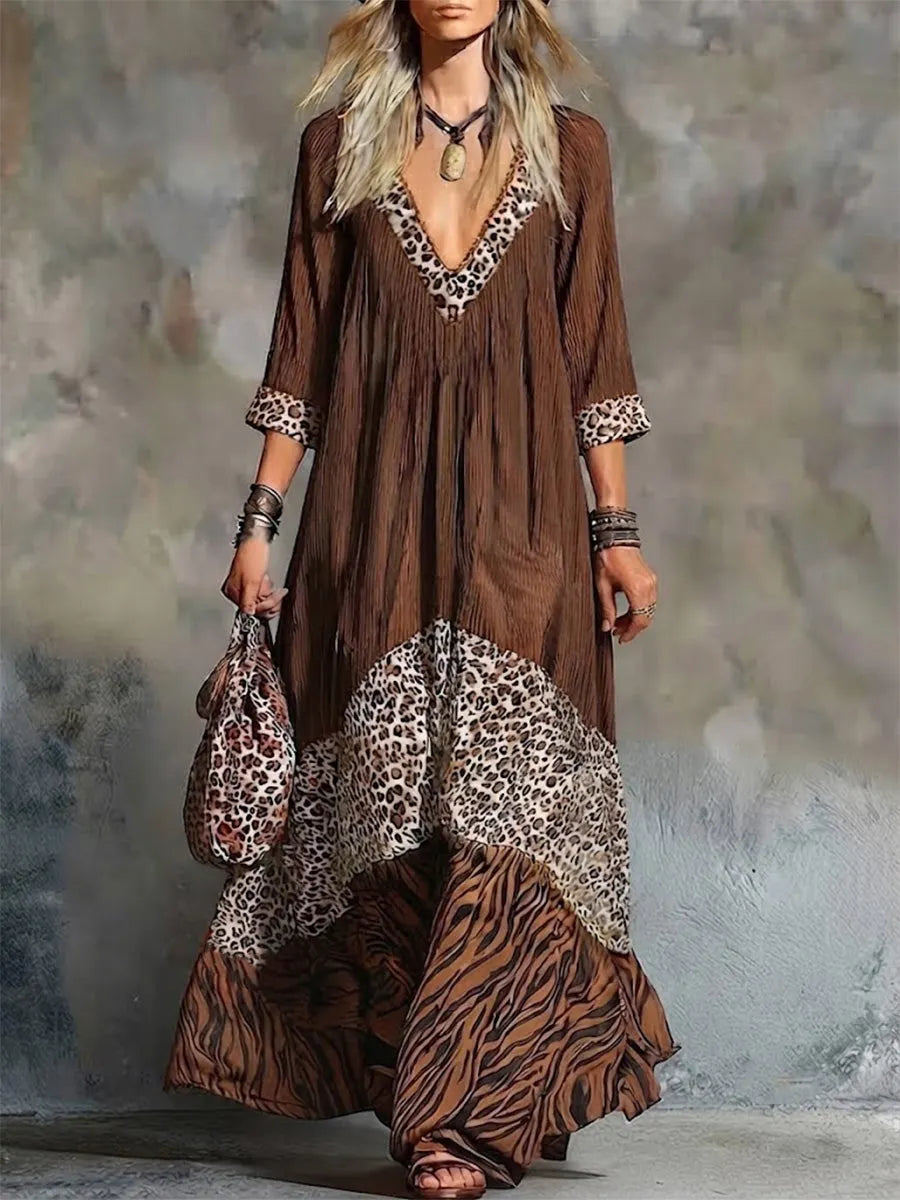 Boho Vintage Leopard Tiger Contrast Splice V-neck 3/4 Drop Sleeve Flow Cover-up Ankle Maxi Dress