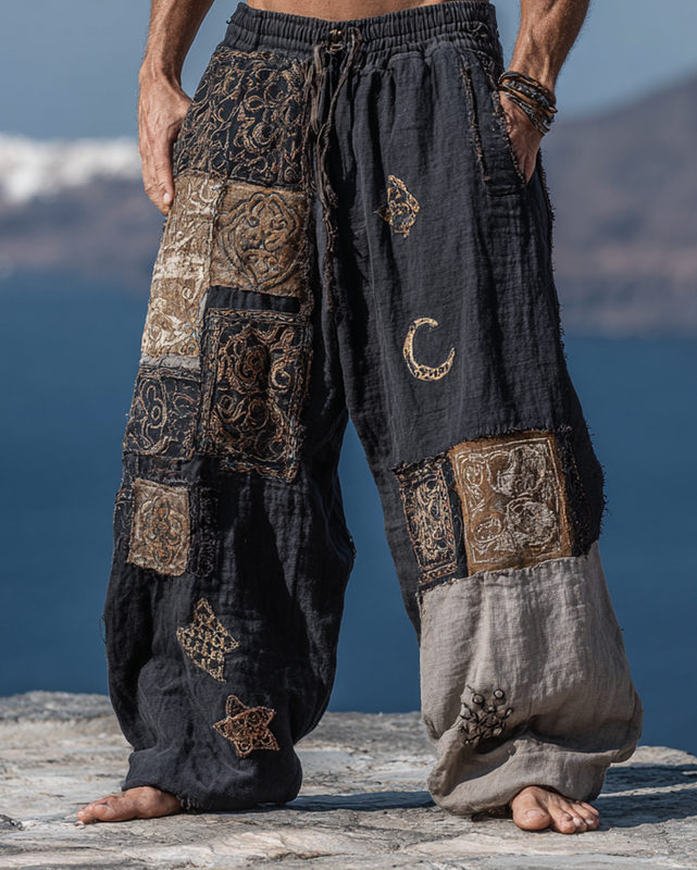 Men's Casual Star and Moon 3D Embroidery Linen Pants b8fd